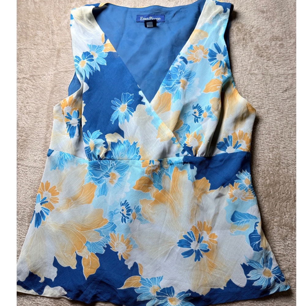 Evan-Picone Blue Yellow Floral Surplice Sleeveless Top Size 14 Summer Boho
